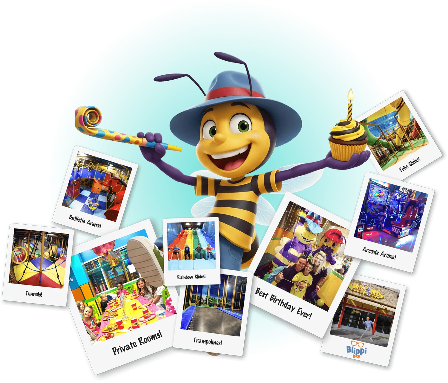 Billy Beez play areas include balistic arena, slides, and more.