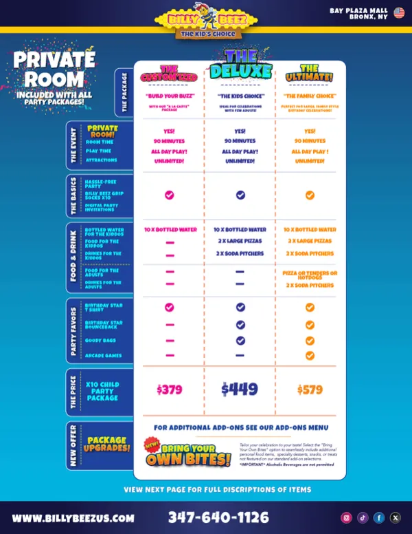 Billy Beez party package pricing