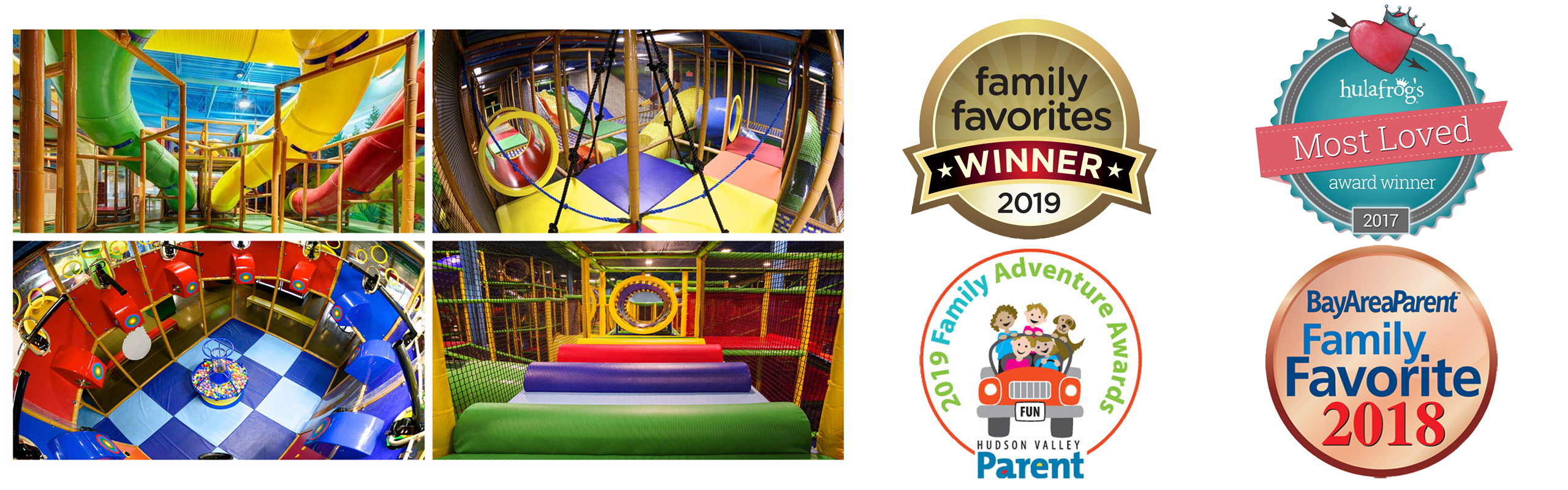 four images of activity areas and four images of awards given to Billy Beez - family favorites winner 2019, hulafrog's most loved award winner 2017, 2019 family adventure awards, and BayAreaParent Family Favorite 2018