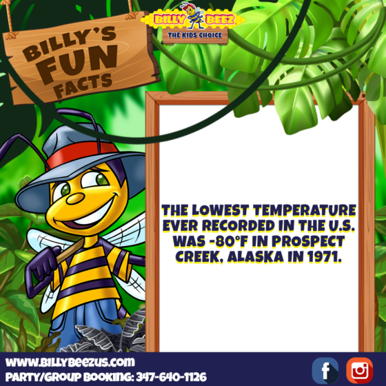 Billy Beez The Kids Choice Billy's Fun Facts The lowest temperature ever recorded in the U.S. was -80°f in Prospect Creek, Alaska in 1971. www.billybeezus.com Party/Group Booking: 347-640-1126