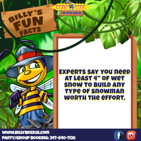 Billy's Fun Facts: Experts say you need at least 4" of wet snow to build any type of snowman worth the effort. www.billybeezus.com Party/Group Booking: 347-640-1126