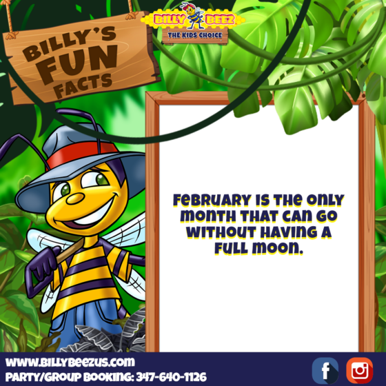 Billy Beez The Kids Choice Billy's Fun Facts February is the only month that can go without having a full moon. www.billybeezus.com Party/Group Booking: 347-640-1126