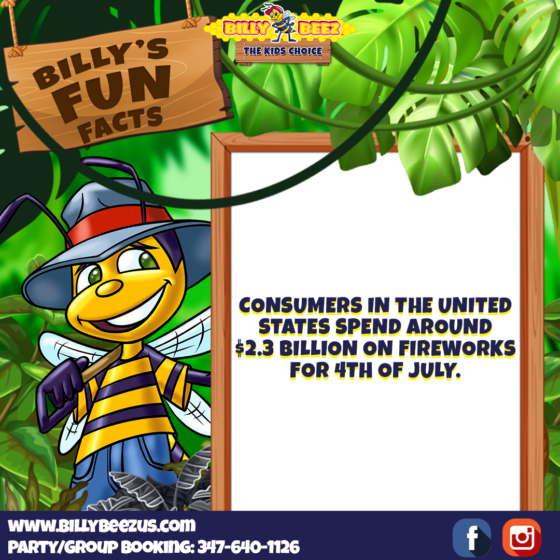 Billy Beez Billy's Fun Facts Consumers in the United States spend around $2.3 billion on fireworks for 4th of July. www.billybeezus.com Party/Group Booking: 347-640-1126