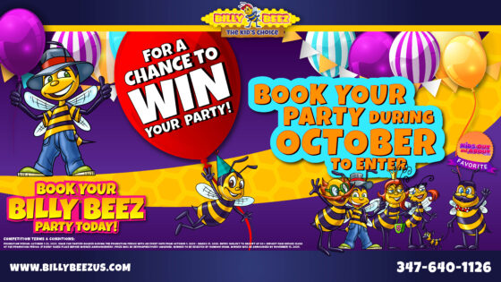 Billy Beez The Kids Choice For A CHance to Win Your Party! Book your party during October to enter! Book your Billy Beez party today! Comeptition Terms and Conditions: Promotion Period: 01-31 Oct 2024. Valid for parties booked during the promotion period with an event date of 01 Oct 2024 to 31 Mar 2025. Entry subject to receipt of 50% deposit paid before close of the promotion period. If event takes place before winner announcement, prize will be retrospectively awarded. Winner to be subject to random draw. Winner will be announced by 15 Nov 2024.