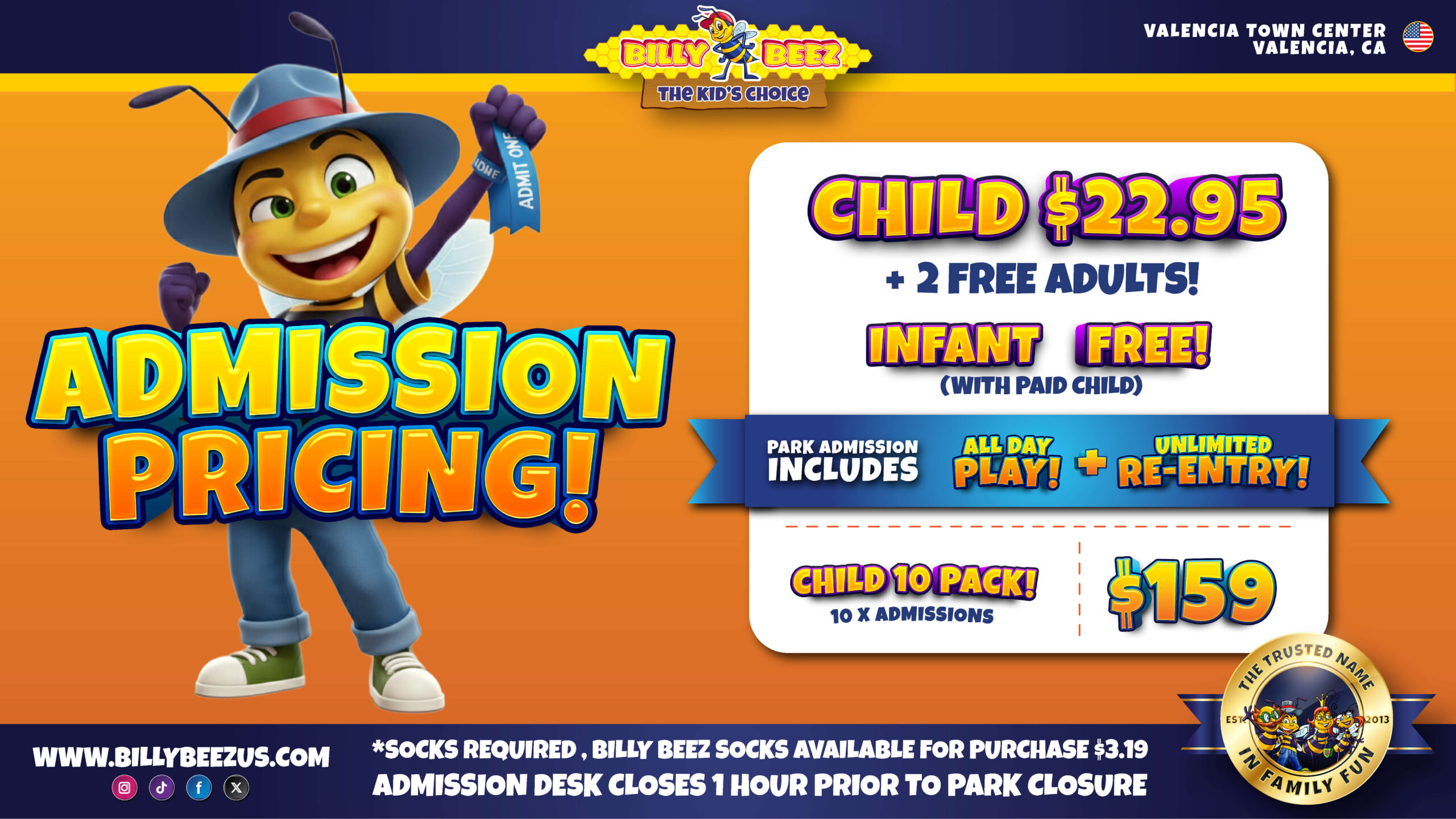 Valencia Admission pricing $22.95 plus 2 free adults