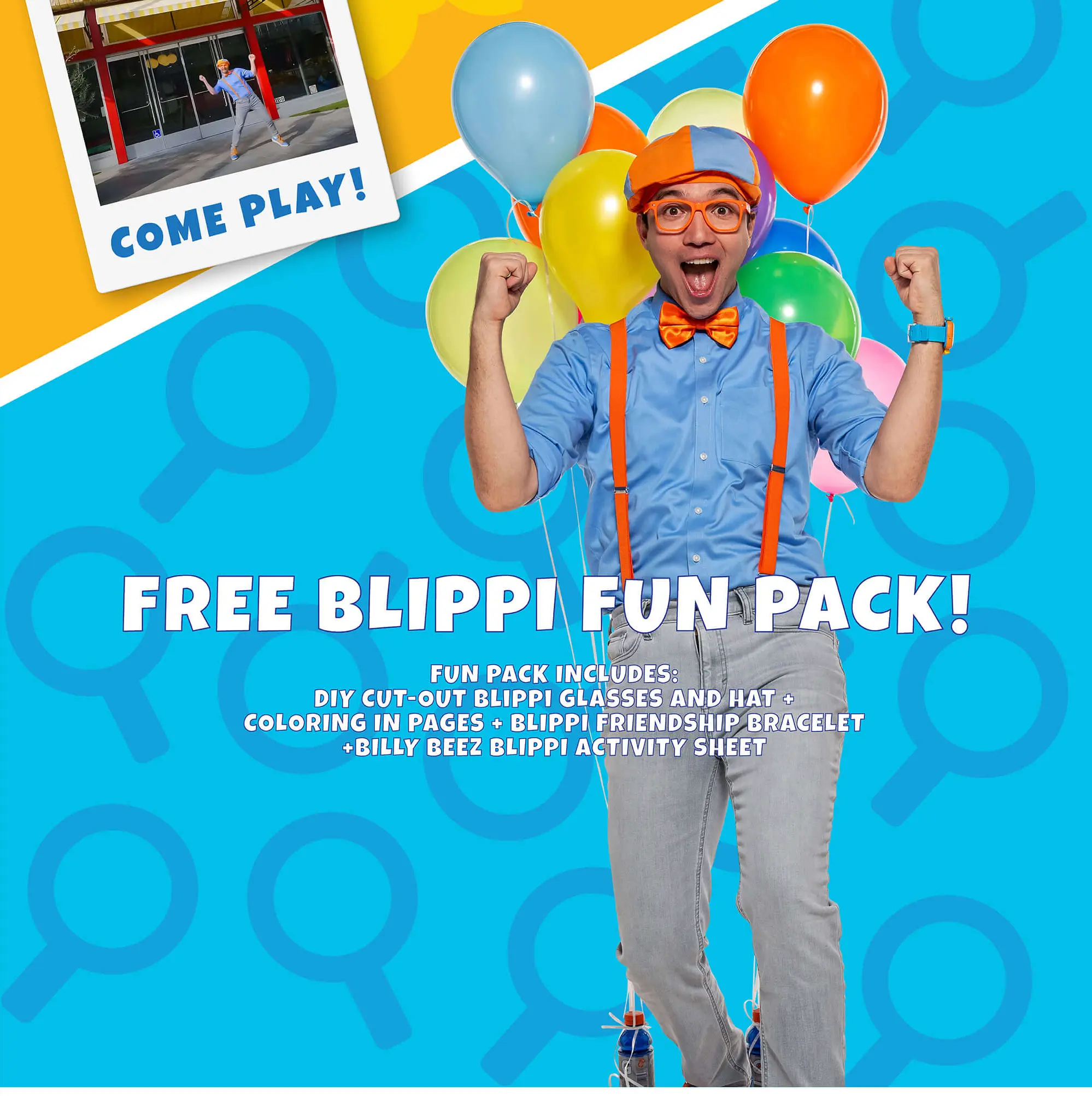Free Blippi Fun Pack! Fun pack includes: DIY cut-out Blippi Glasses and hat + coloring in pages + Blippi friendship bracelet + Billy Beez Blippi activity sheet.